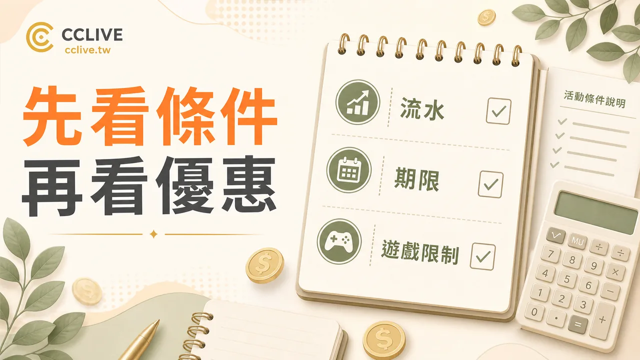 彩城娛樂 CCLIVE 優惠條件檢查圖,提醒先看流水、期限與遊戲限制。