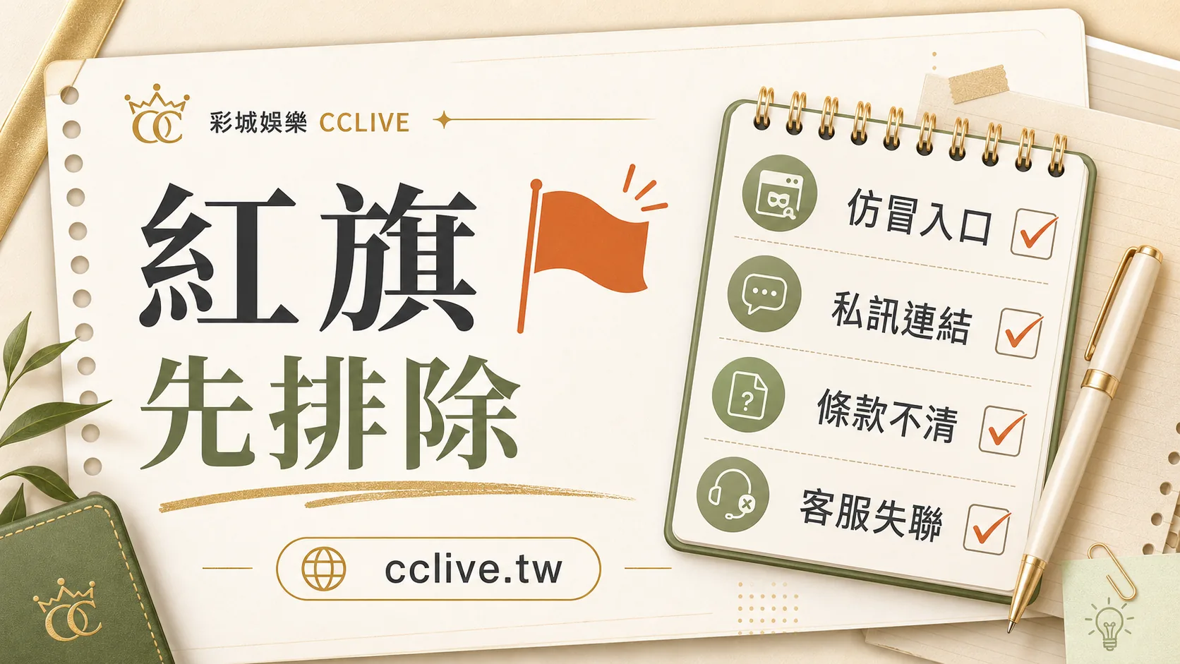 彩城娛樂 CCLIVE 防詐紅旗檢查圖，列出仿冒入口、私訊連結、條款不清與客服失聯。