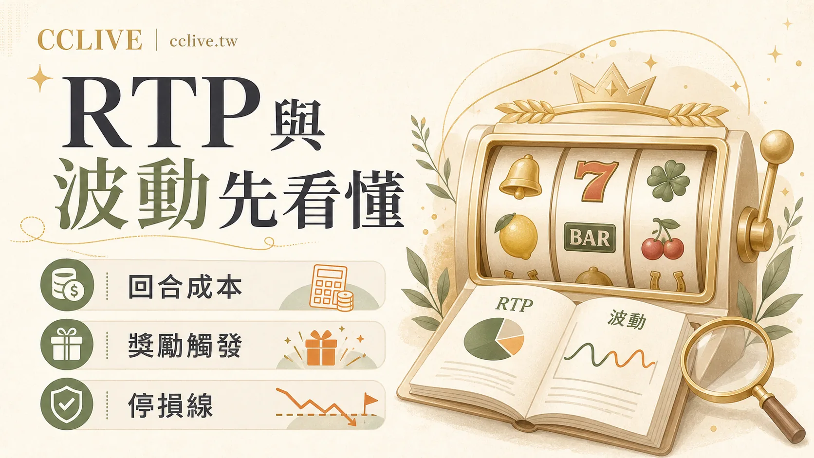 彩城娛樂 CCLIVE 電子遊戲 RTP 與波動說明圖,提醒先看回合成本、獎勵觸發與停損線。