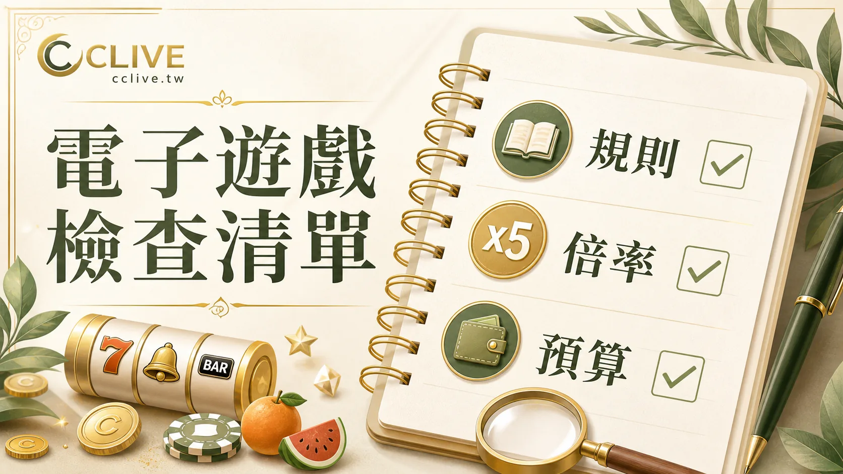 彩城娛樂 CCLIVE 電子遊戲檢查清單圖,整理規則、倍率與預算三個遊戲前重點。