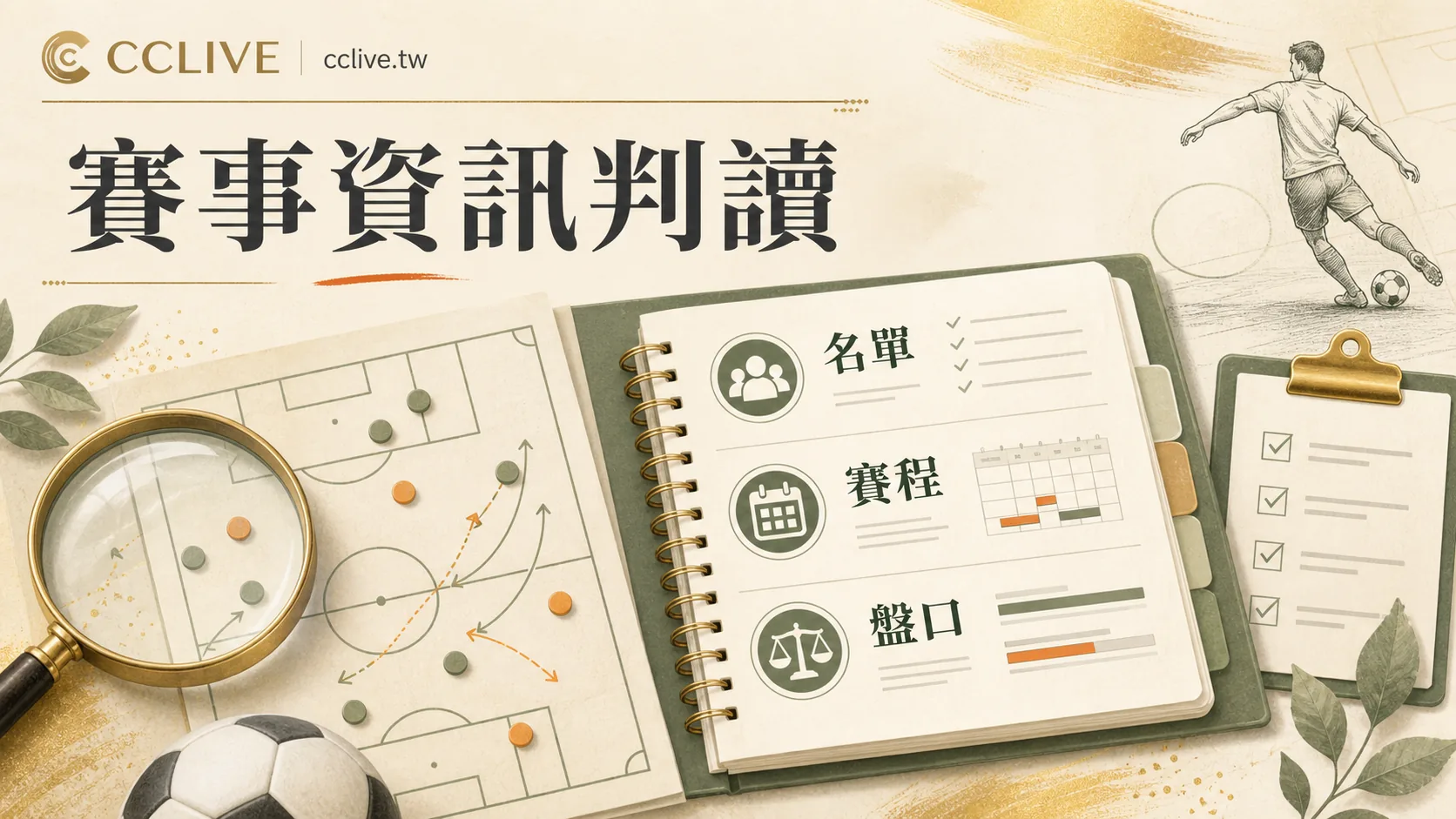 彩城娛樂 CCLIVE 賽事資訊判讀圖，整理名單、賽程與盤口三個賽前確認點。