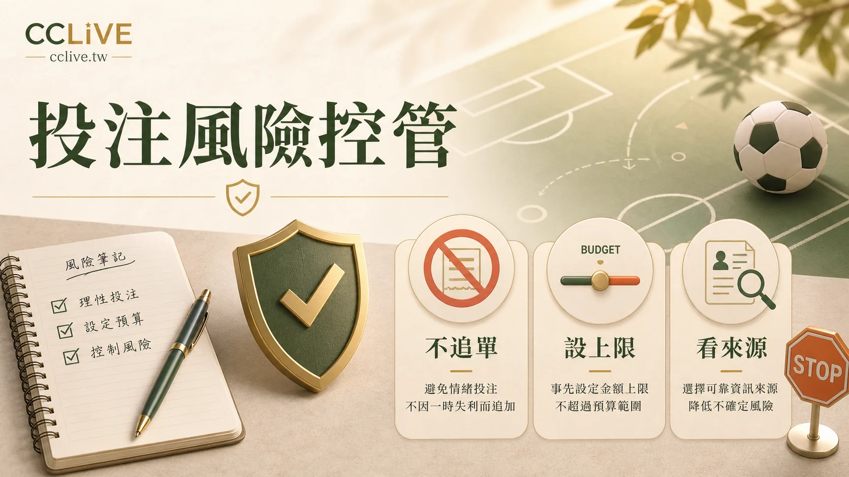 彩城娛樂 CCLIVE 投注風險控管圖，提醒不追單、設上限與看來源。