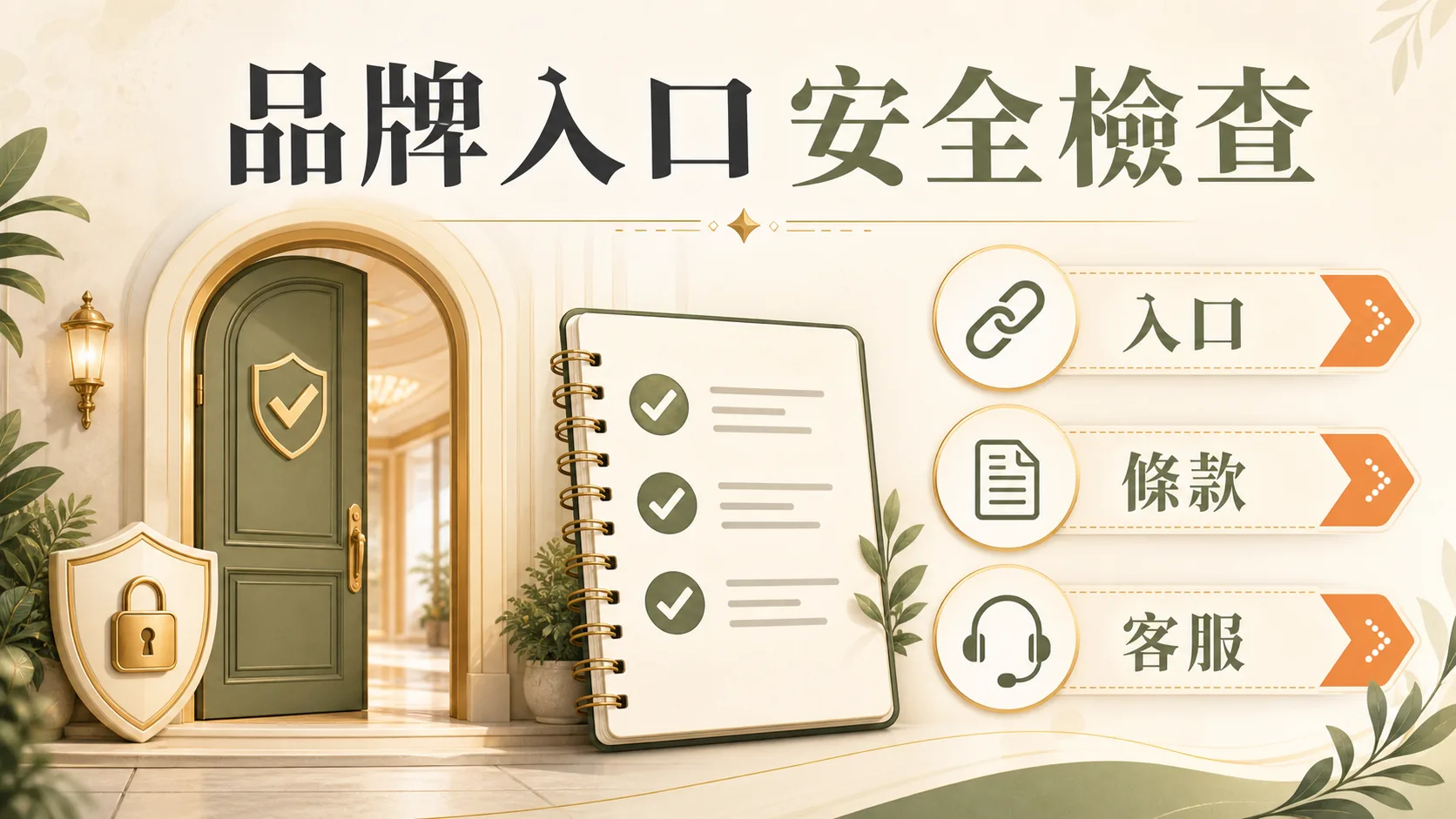 彩城娛樂 CCLIVE 品牌入口安全檢查圖,整理入口、條款與客服三個確認點。