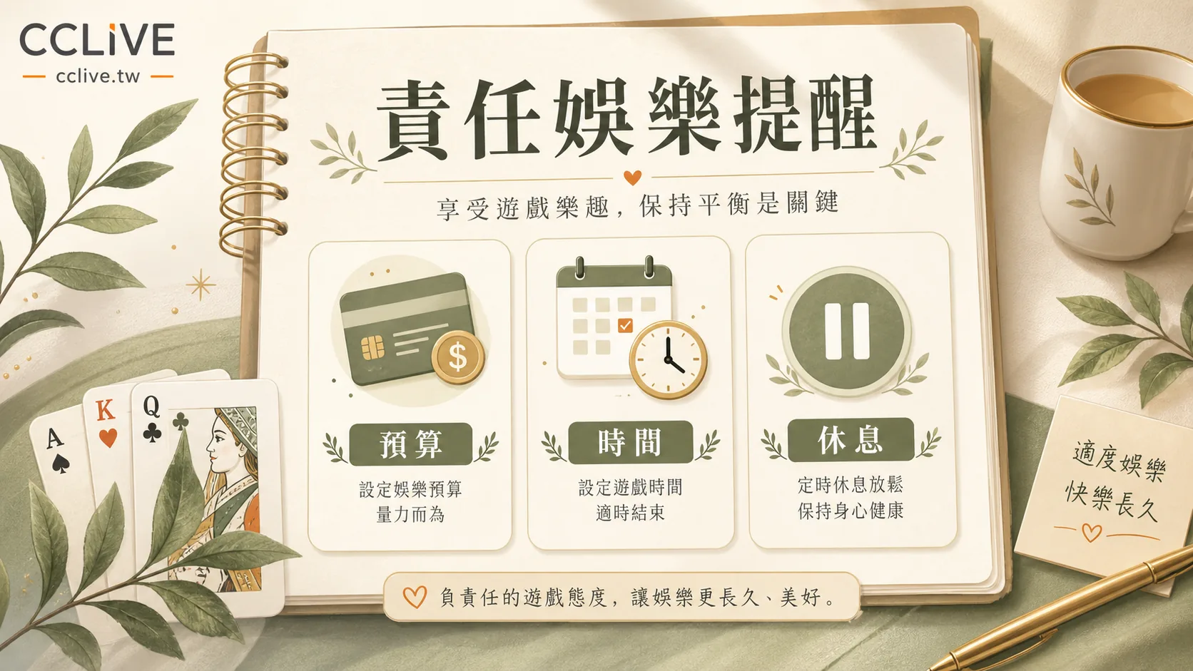彩城娛樂 CCLIVE 責任娛樂提醒圖,提醒預算、時間與休息三項自我管理。