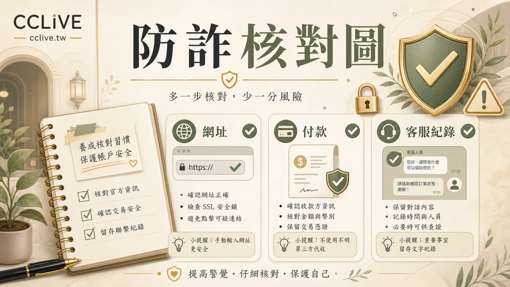 彩城娛樂 CCLIVE 防詐核對圖，提醒網址、付款與客服紀錄三個確認點。