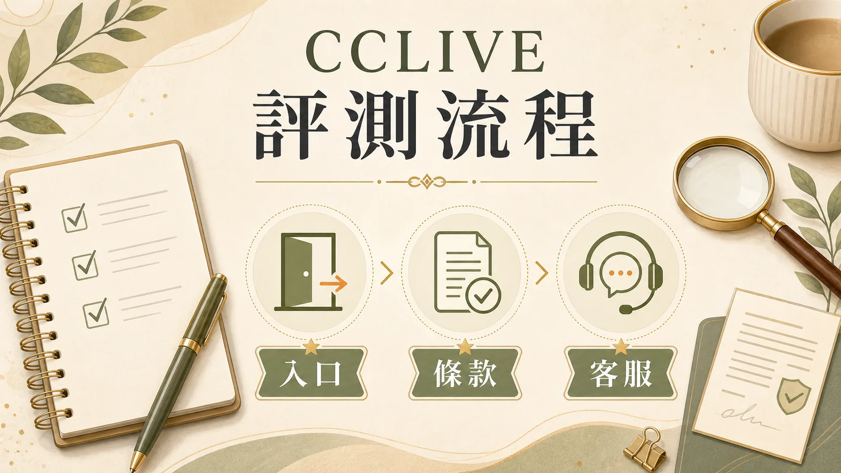 彩城娛樂 CCLIVE 評測流程圖，整理入口、條款與客服三個檢查項目。