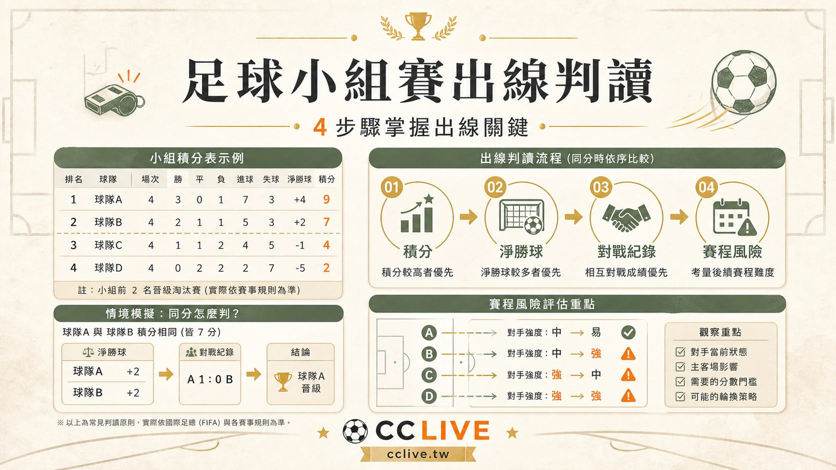足球小組賽出線規則怎麼看：積分、淨勝球、賽程與盤口檢查｜彩城娛樂 CCLIVE