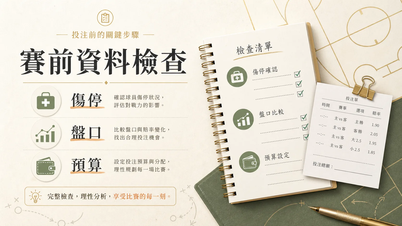 體育投注賽前資料檢查圖,提醒玩家核對傷停、盤口與預算。