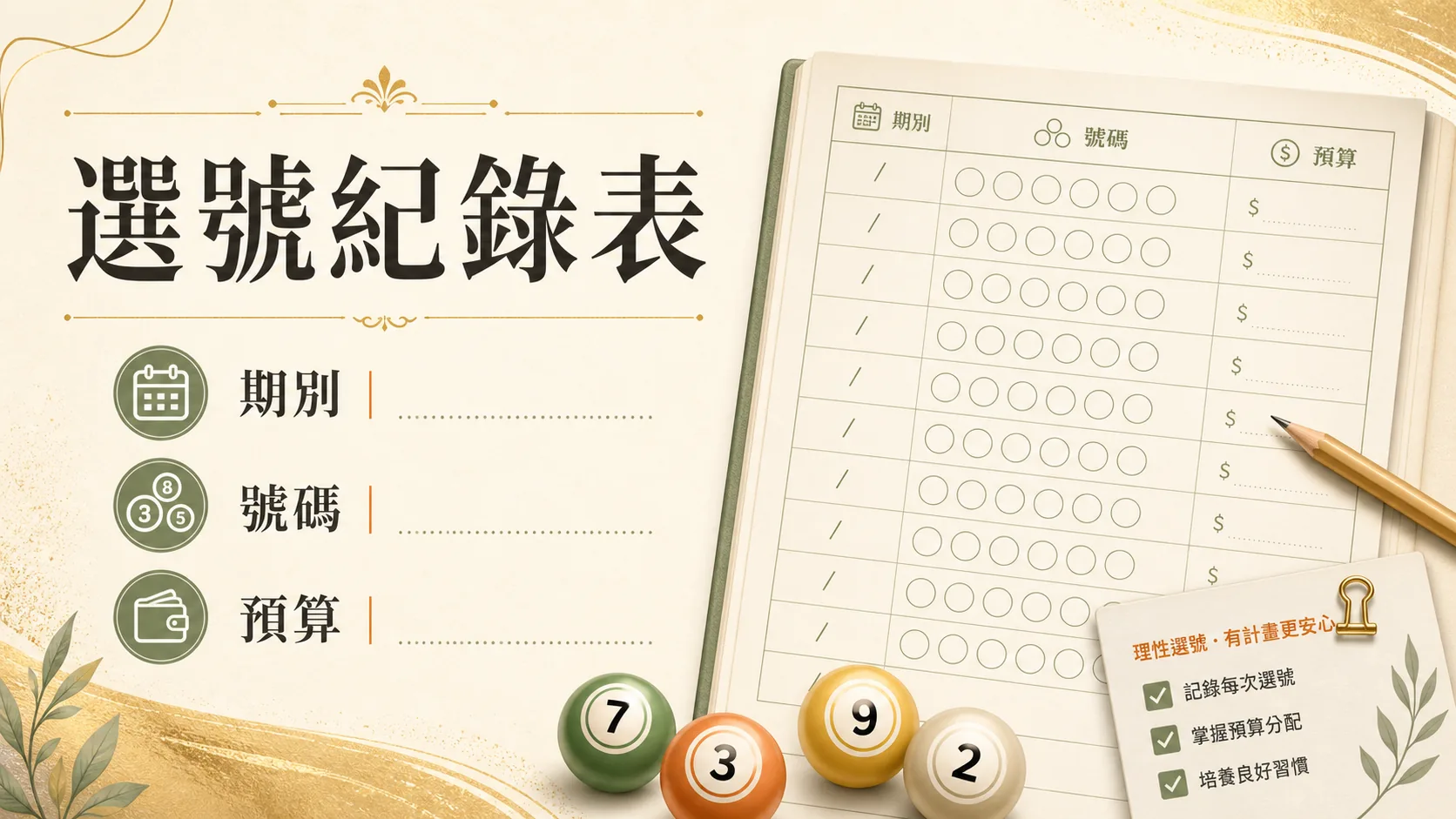 彩票選號紀錄表圖，提醒玩家記錄期別、號碼與預算。