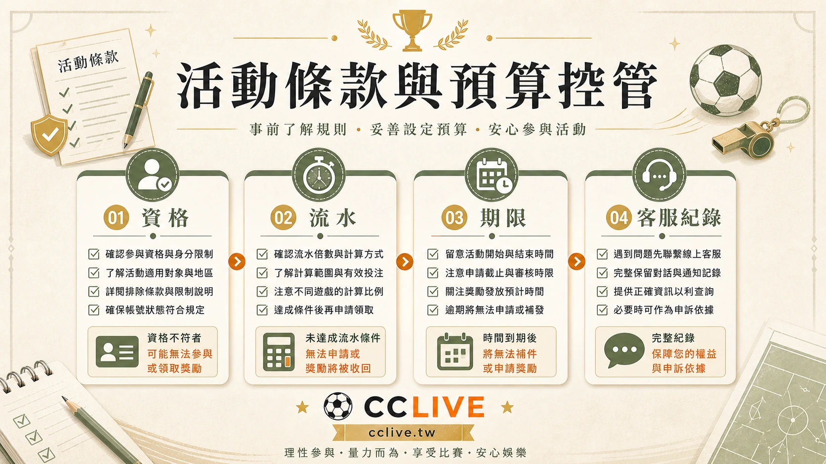 彩城娛樂 CCLIVE 活動條款與預算控管，包含資格、流水、期限與客服紀錄