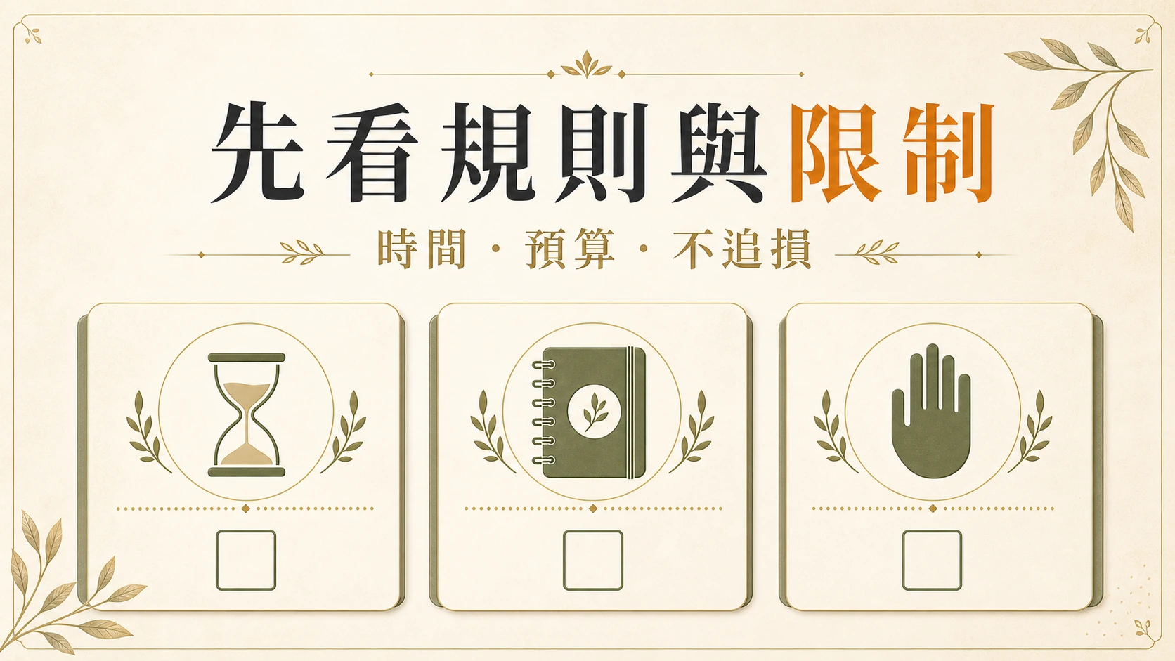 遊戲規則文章示意圖：先看規則與限制，時間、預算與不追損。