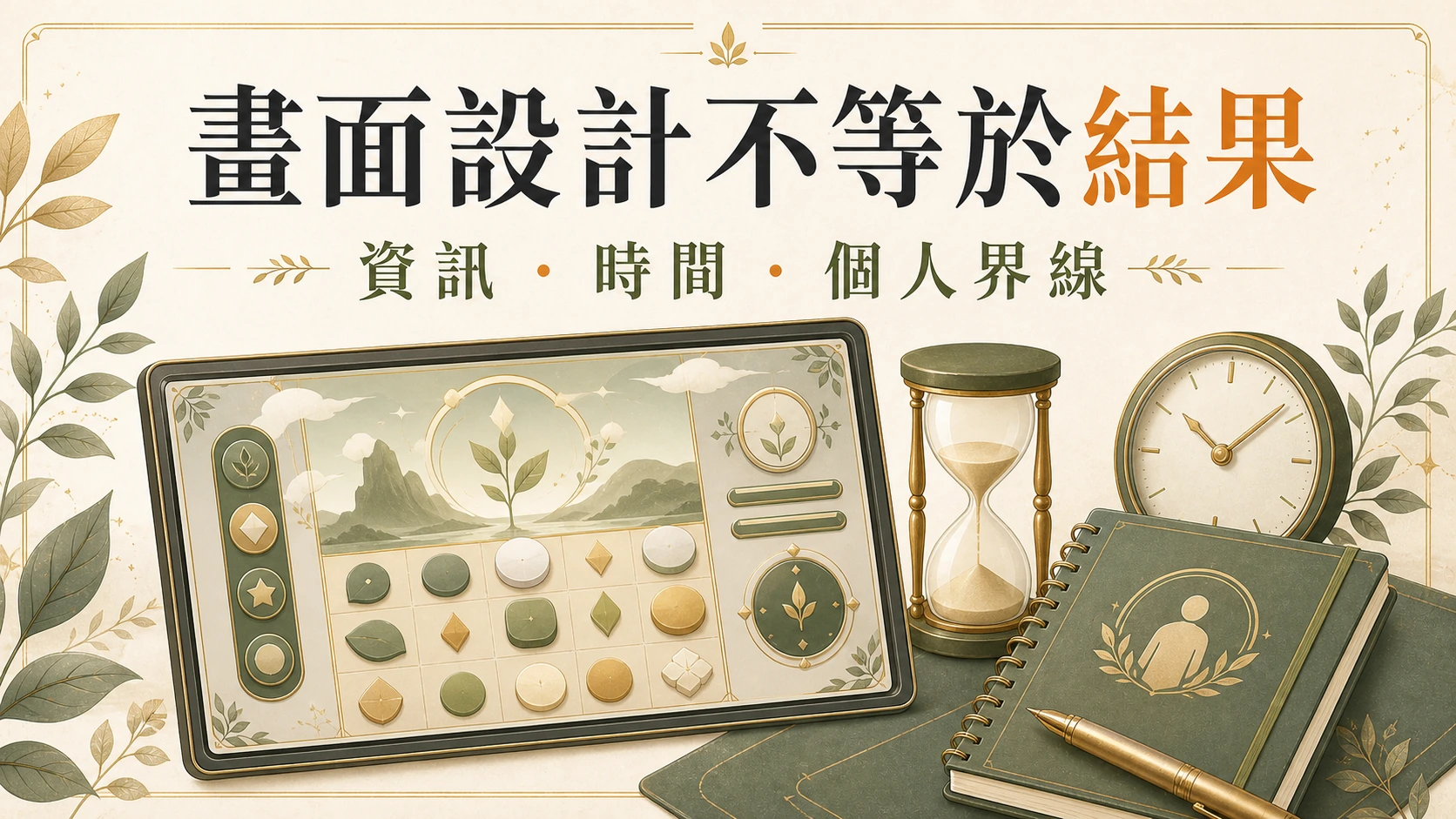 遊戲介面閱讀文章示意圖：畫面設計不等於結果，資訊、時間與個人界線。