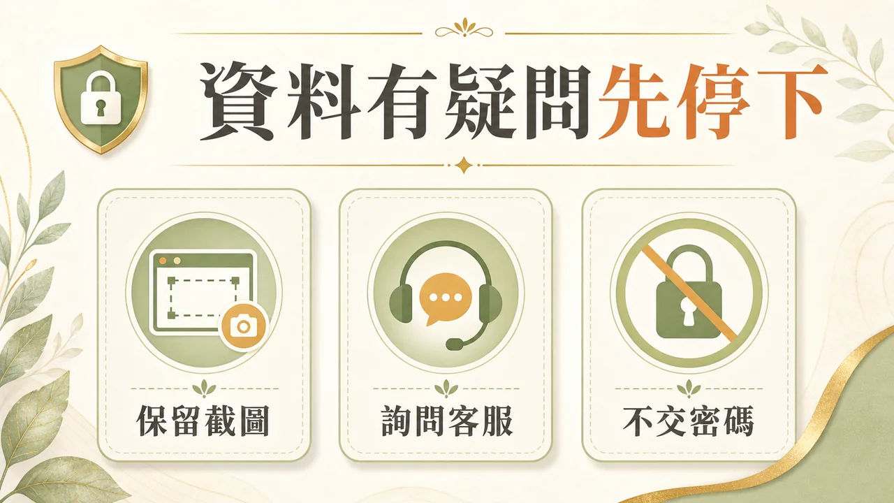 資料有疑問時保留截圖、詢問客服且不交付密碼