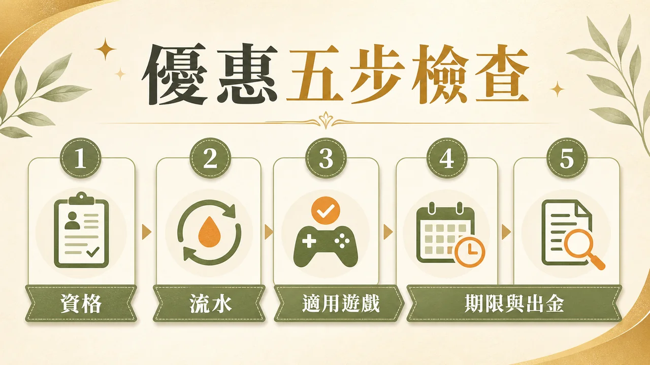 優惠條款依資格、流水、遊戲、期限與出金逐項檢查