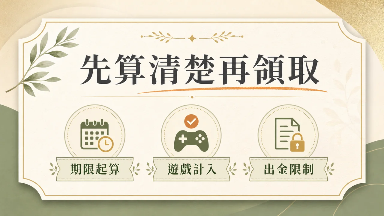 領取優惠前檢查期限、遊戲計入與出金限制