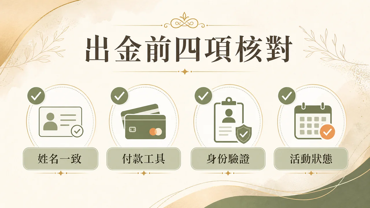 出金前核對姓名、付款工具、身份驗證與活動狀態