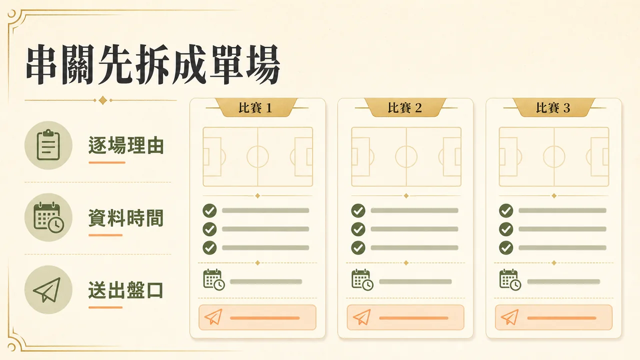 體育串關逐場檢查理由、資料時間與送出盤口