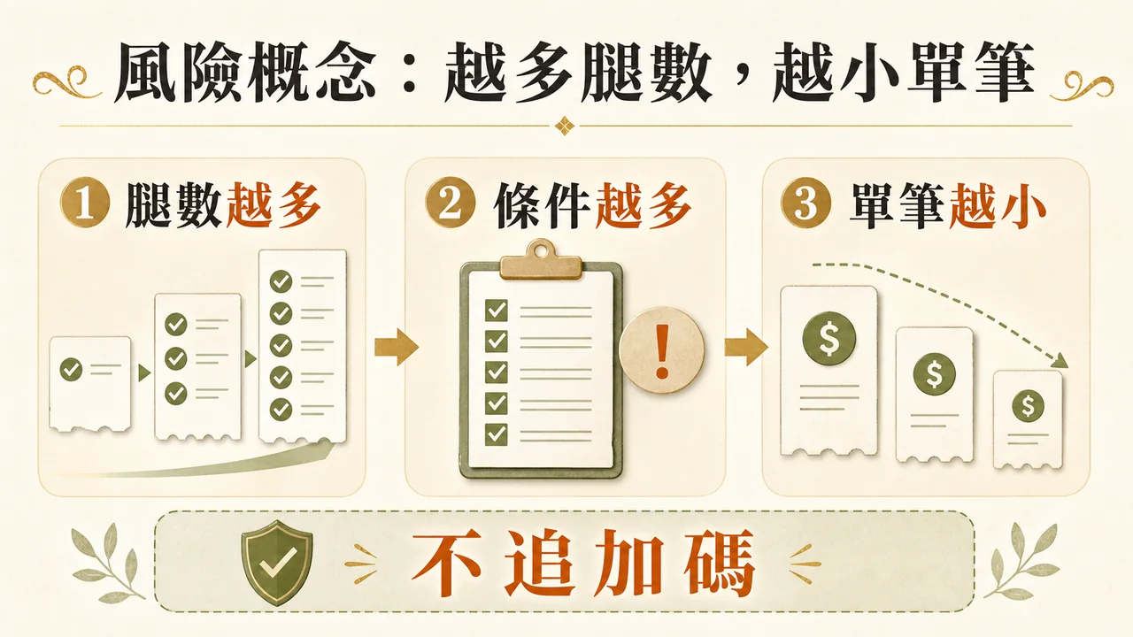 串關腿數與條件增加時縮小單筆預算且不追加碼