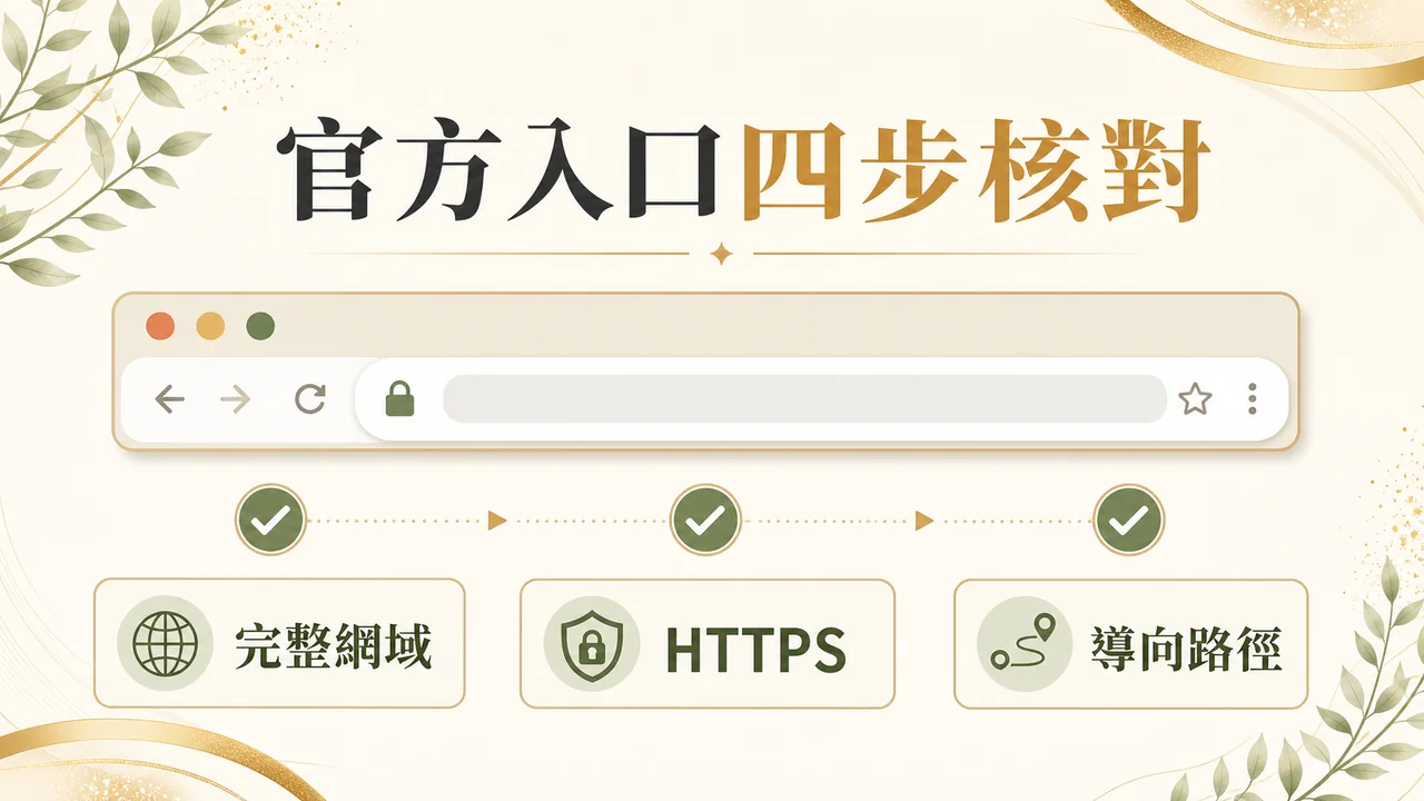 官方入口核對完整網域、HTTPS 與導向路徑