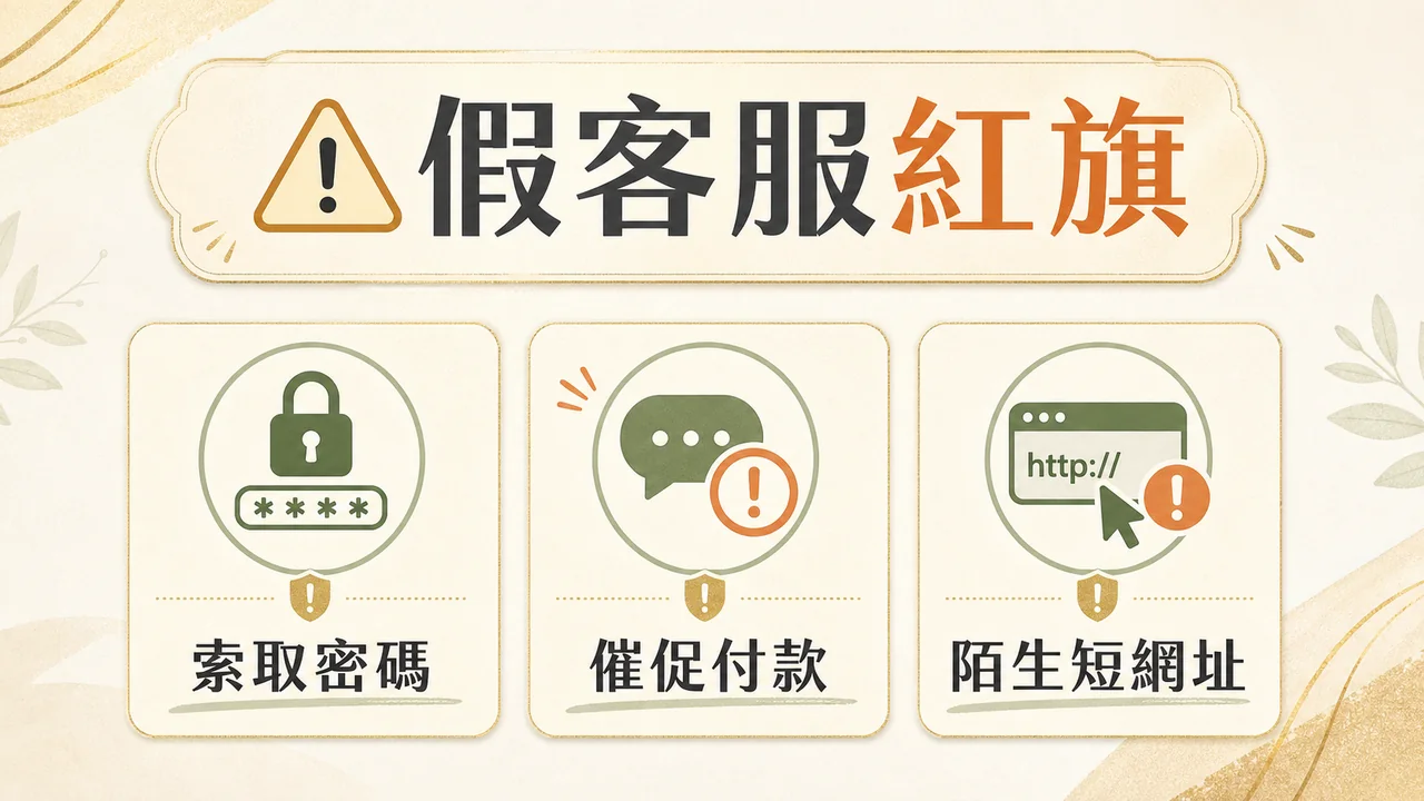 假客服常見紅旗包含索取密碼、催促付款與陌生短網址