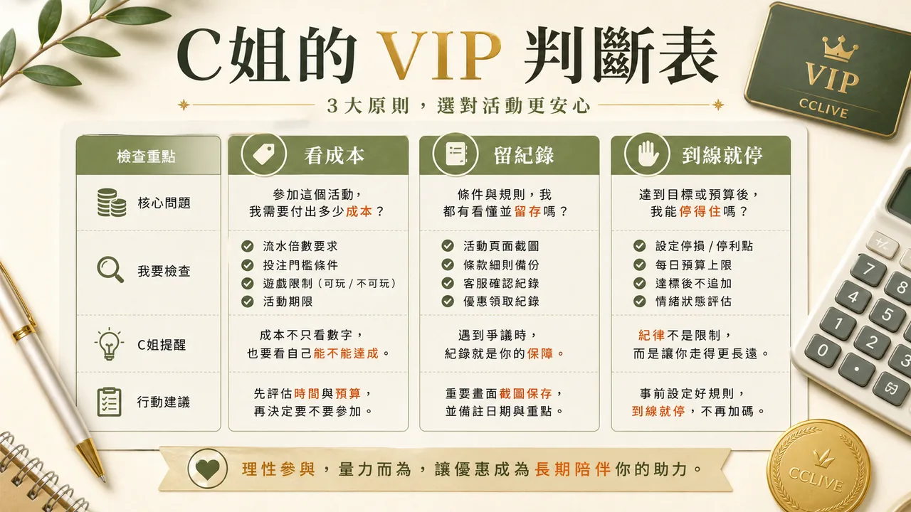 C姐的 CCLIVE VIP 判斷表，整理看成本、留紀錄與到線就停三個原則