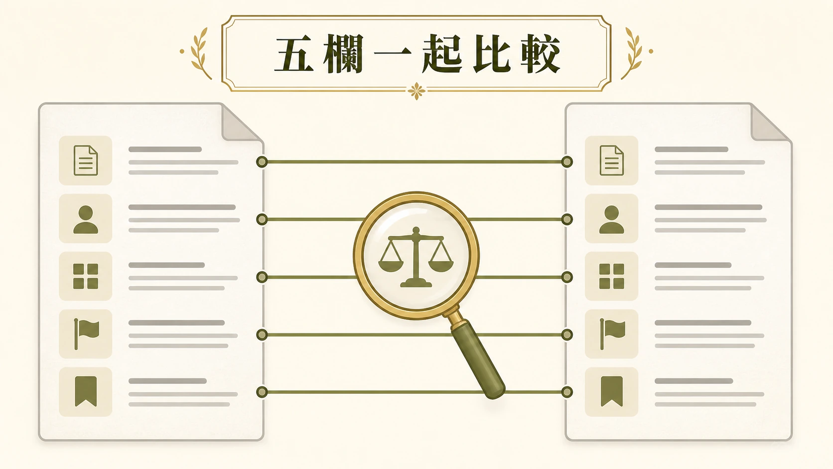 兩份來源文件以五條對齊欄位送入放大鏡的比較圖。
