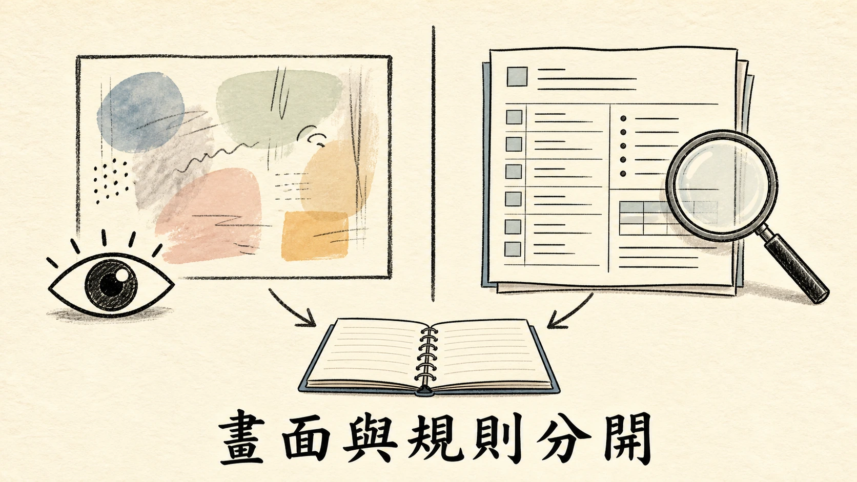 抽象畫面印象和可查規則文件分開後寫入筆記本的圖解。