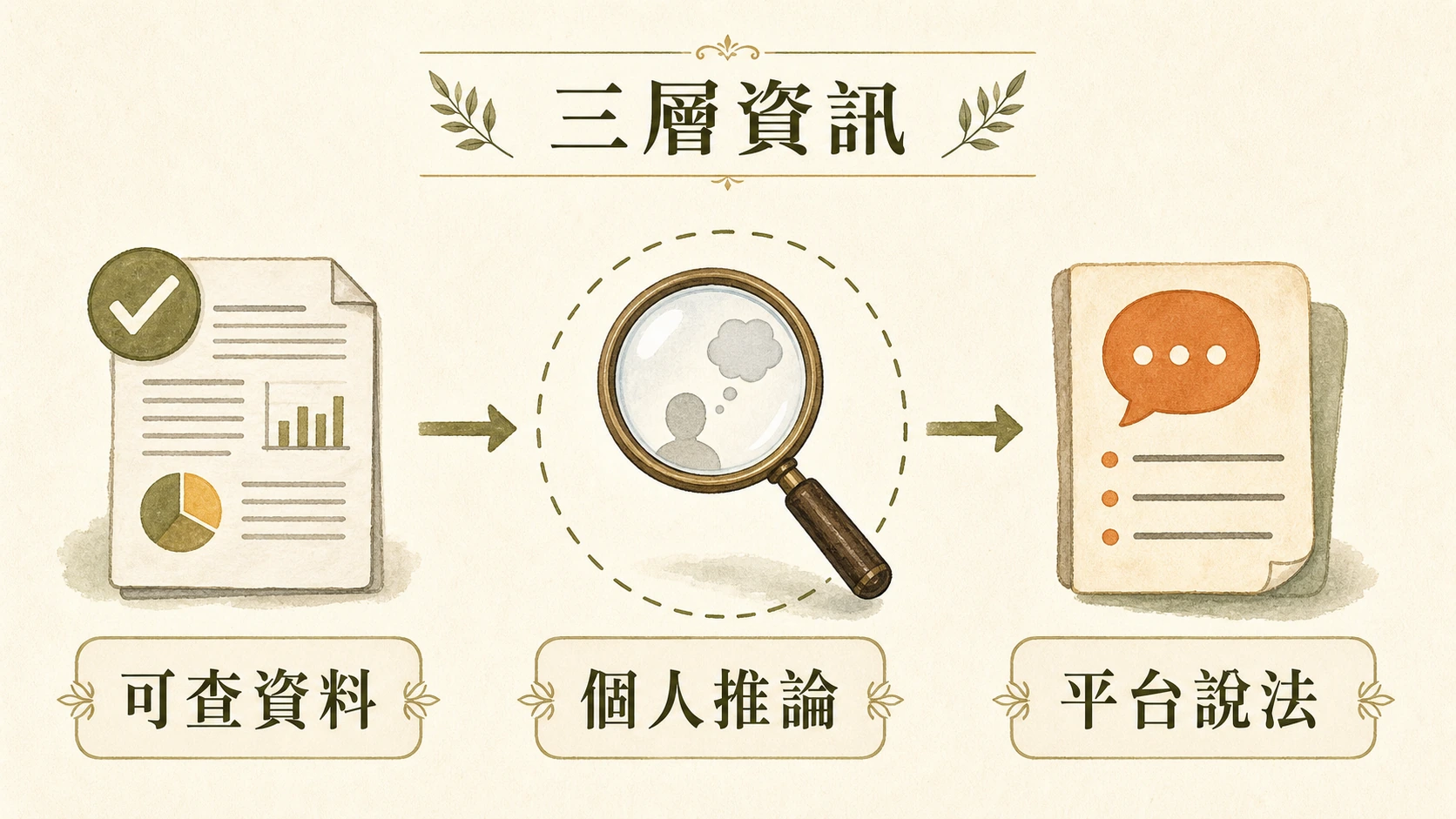 三層資訊流程圖：可查資料、個人推論、平台說法。