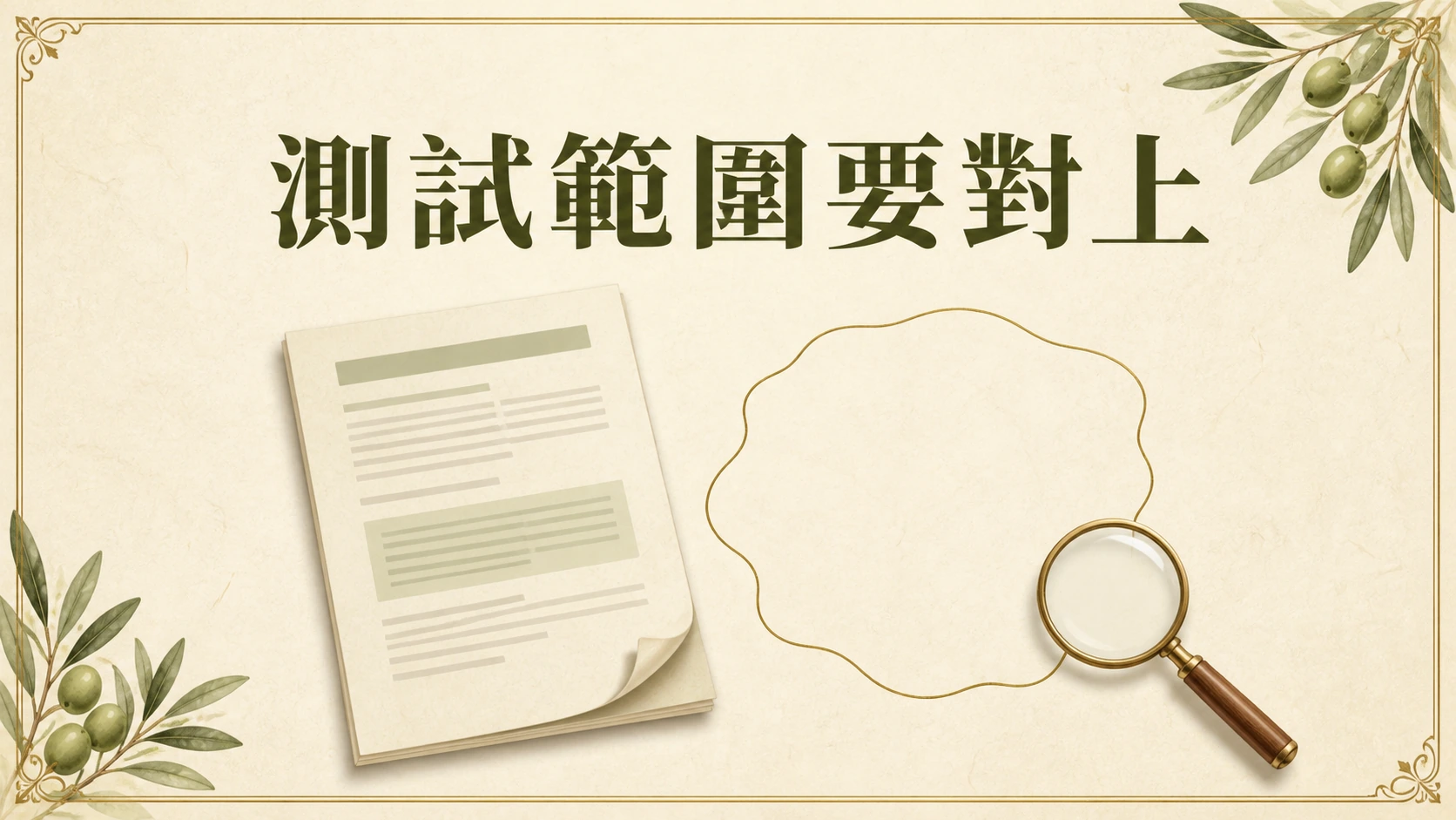 報告頁與範圍框、放大鏡,表示對齊測試範圍。