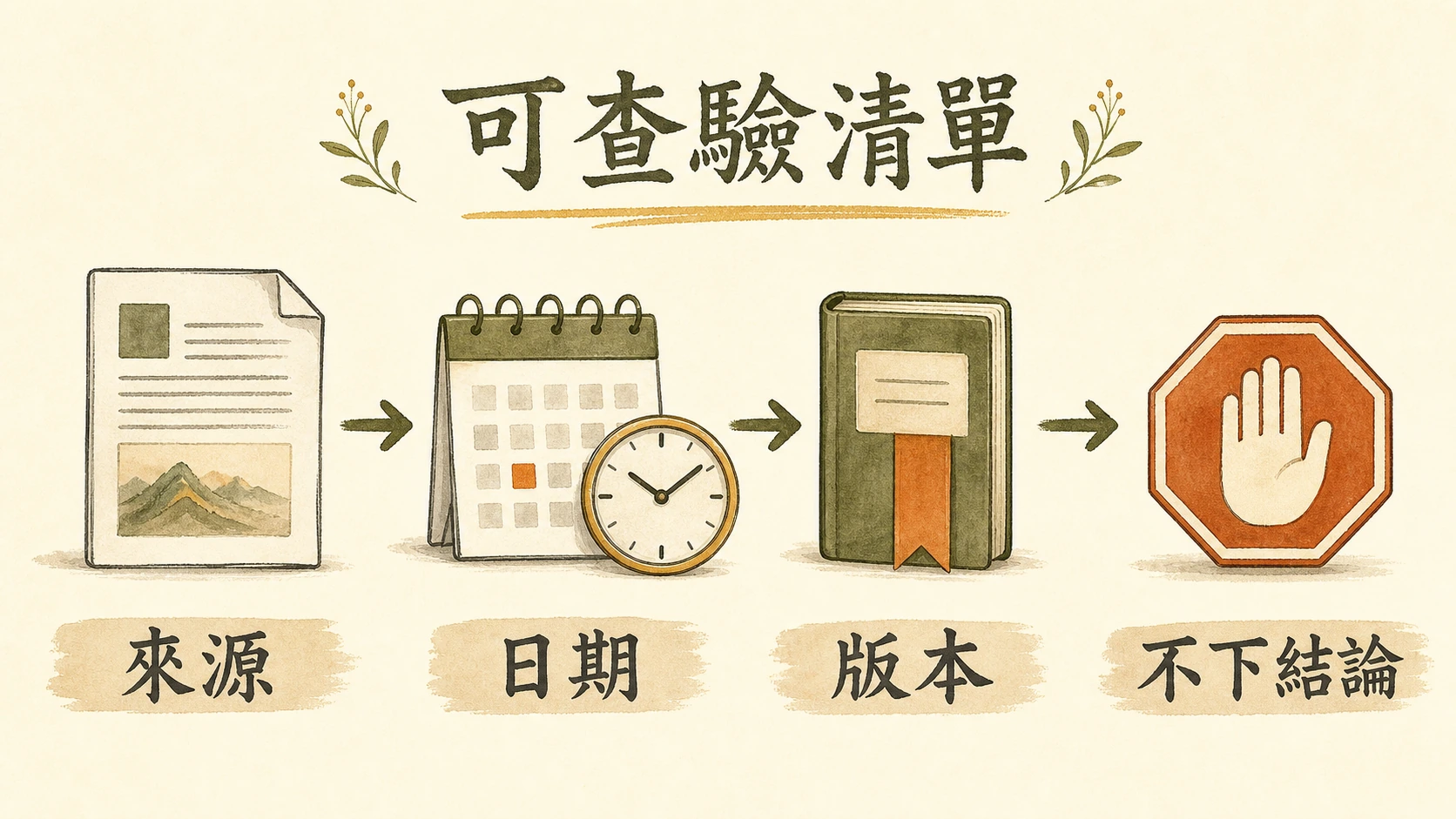 可查驗清單流程圖：來源、日期、版本、不下結論。