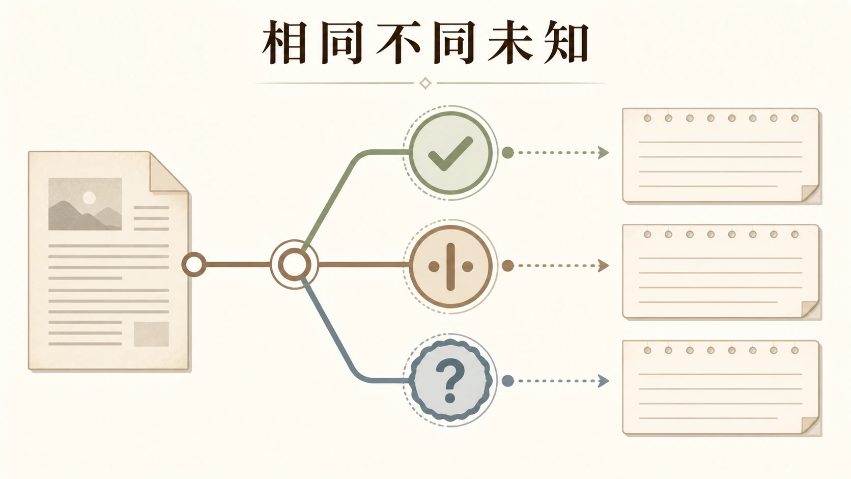 來源文件分流為相同、不同與未知三種狀態並記錄的圖解。