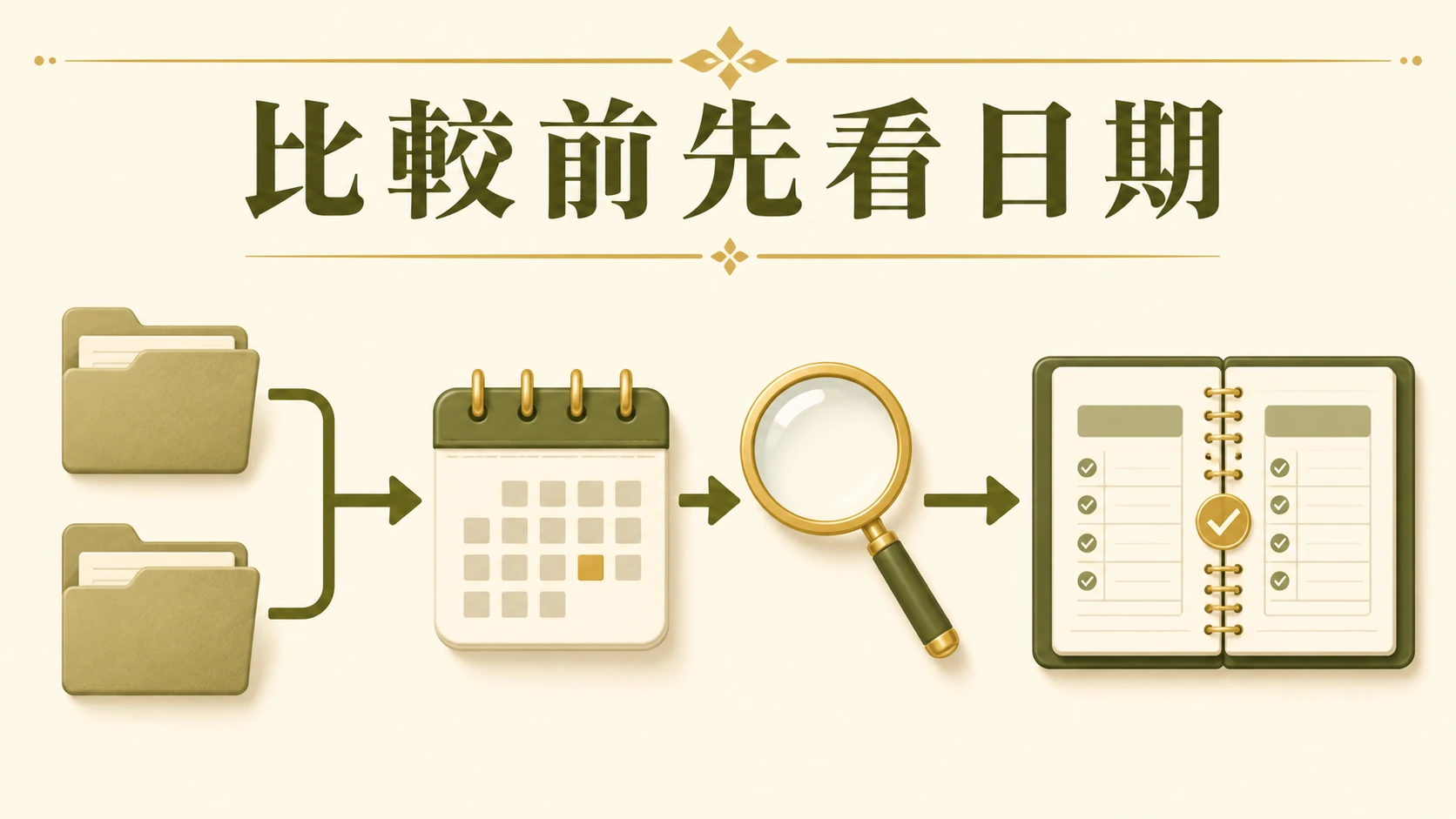 兩份來源資料夾經日曆、放大鏡後進入比較工作簿的流程圖。