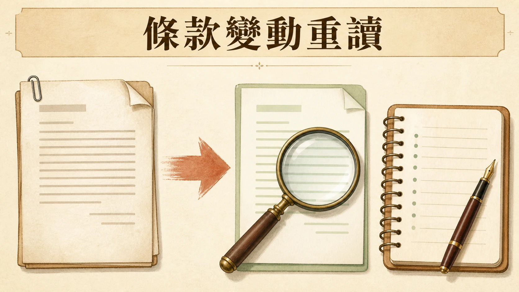 舊條款、變動箭頭、新來源頁與筆記本的重新閱讀流程圖。