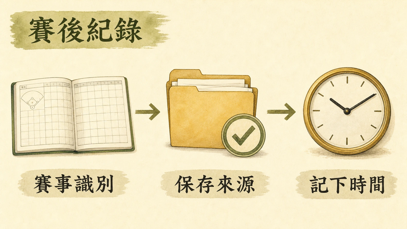 賽後紀錄流程圖：賽事識別、保存來源、記下時間。