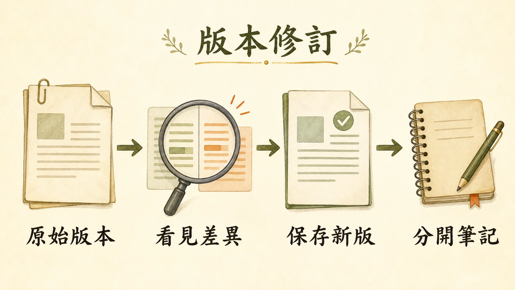 版本修訂流程圖：原始版本、看見差異、保存新版、分開筆記。