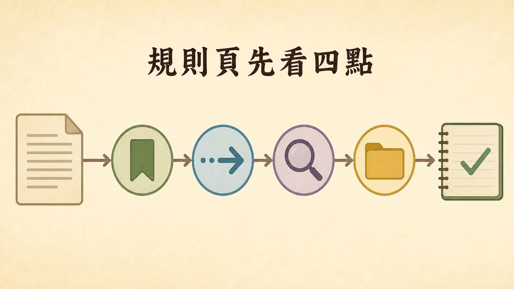 規則頁經四個閱讀重點到記錄本的流程圖。