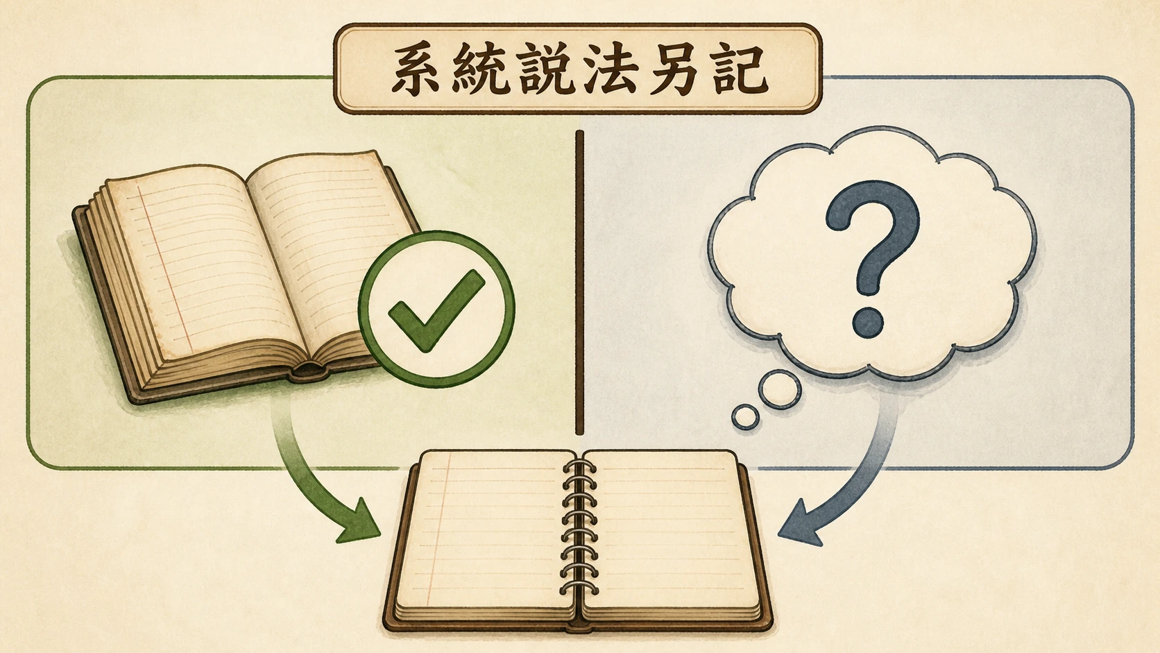 可查規則與待確認說法分成兩欄再寫入筆記本的圖解。