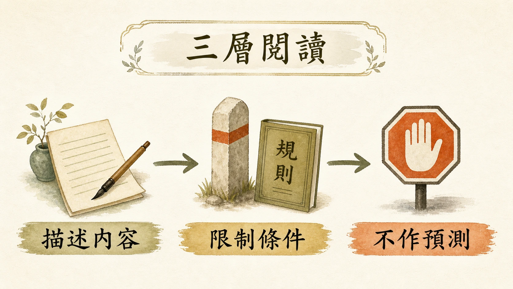 三層閱讀流程圖：描述內容、限制條件、不作預測。