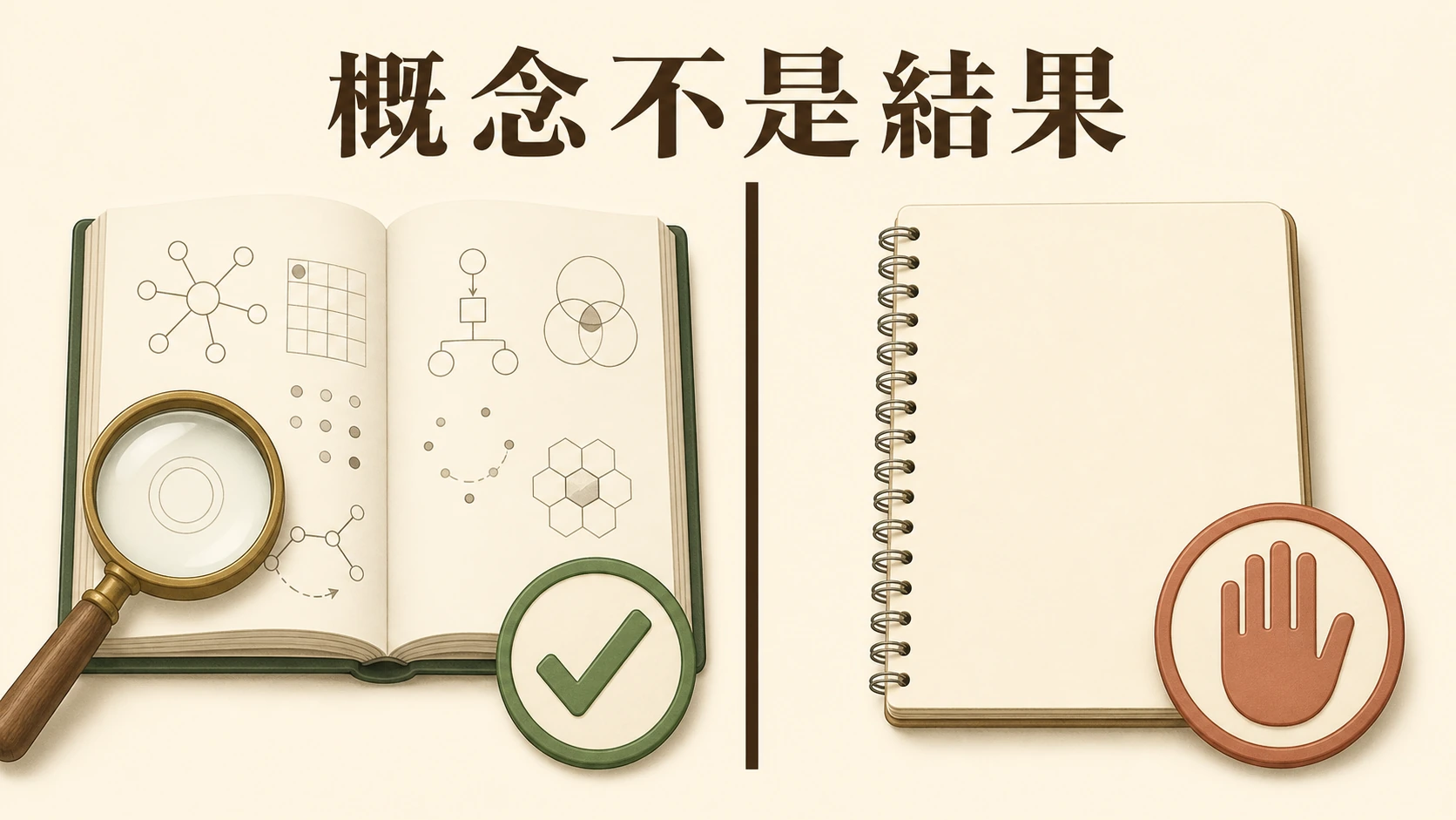 帶抽象概念圖的規則書與空白紀錄本由界線分隔的圖解。