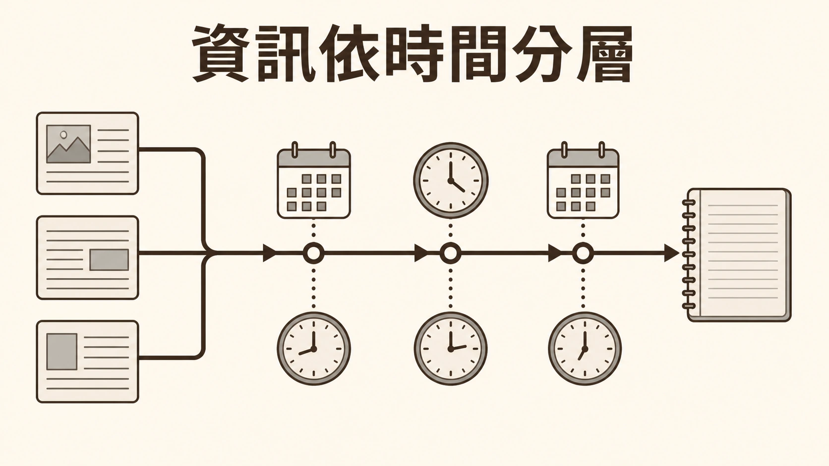 多份來源資料在日曆時鐘時間線上分層後寫入筆記本的圖解。