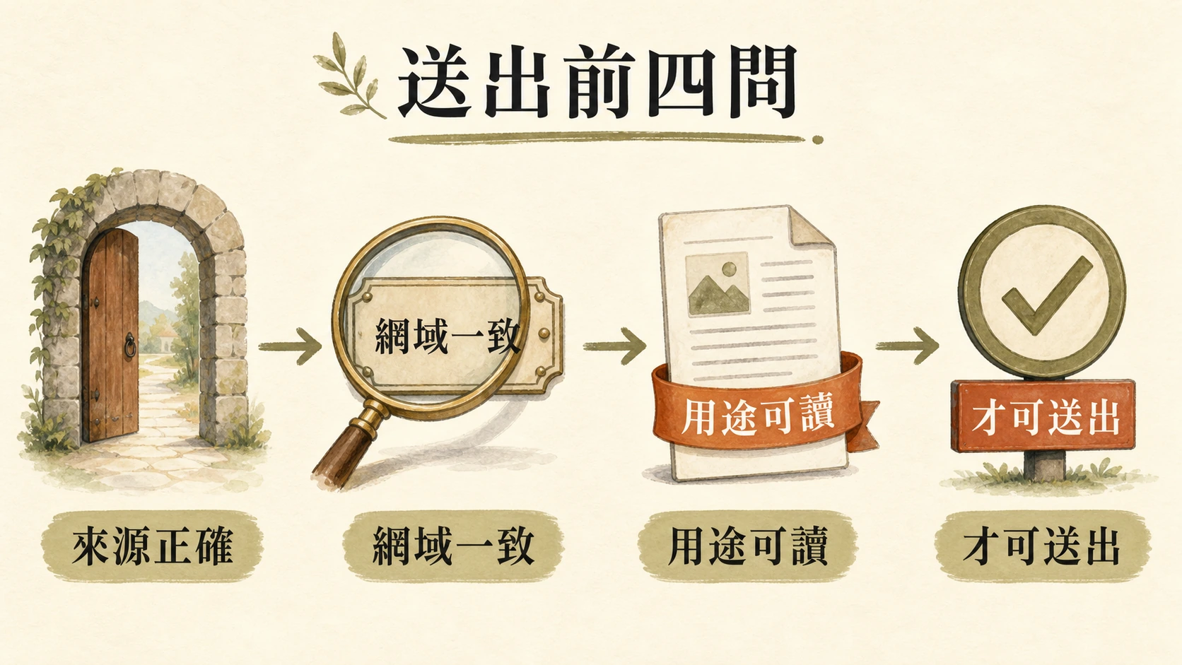 送出前四問流程圖:來源正確、網域一致、用途可讀、才可送出。