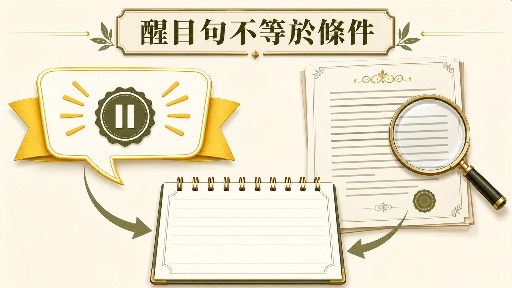 醒目訊息以暫停印章分隔，和原始條款文件一同指向條件筆記本的圖解。