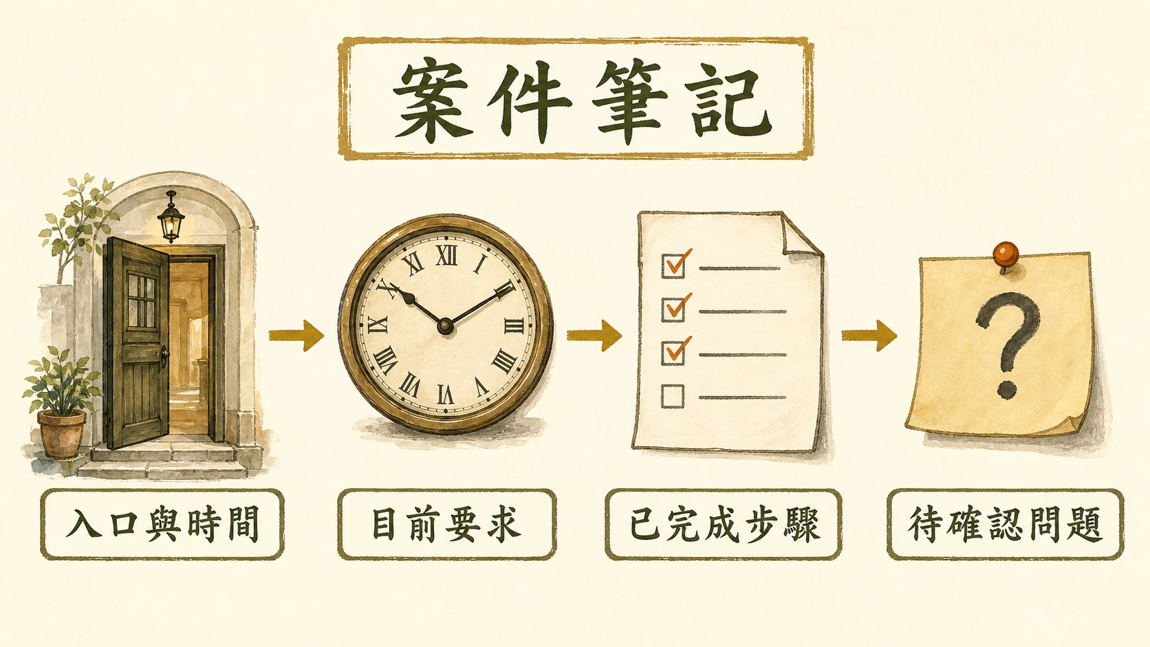 案件筆記流程圖：入口與時間、目前要求、已完成步驟、待確認問題。