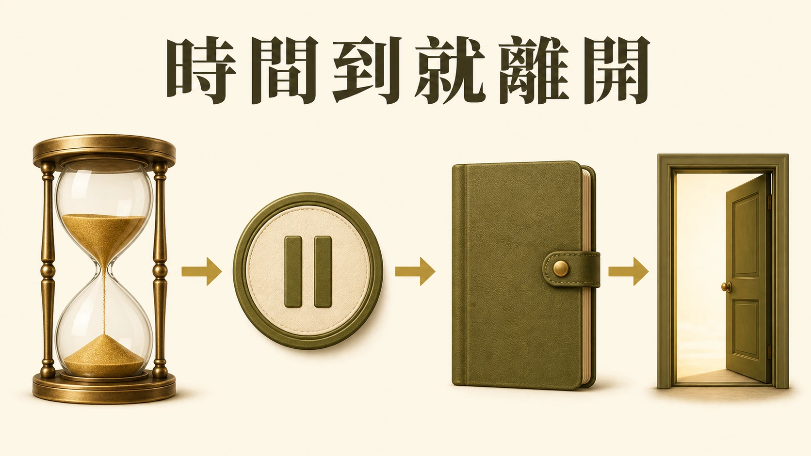 沙漏、暫停印章、闔起筆記本與開門出口組成的停止界線圖。