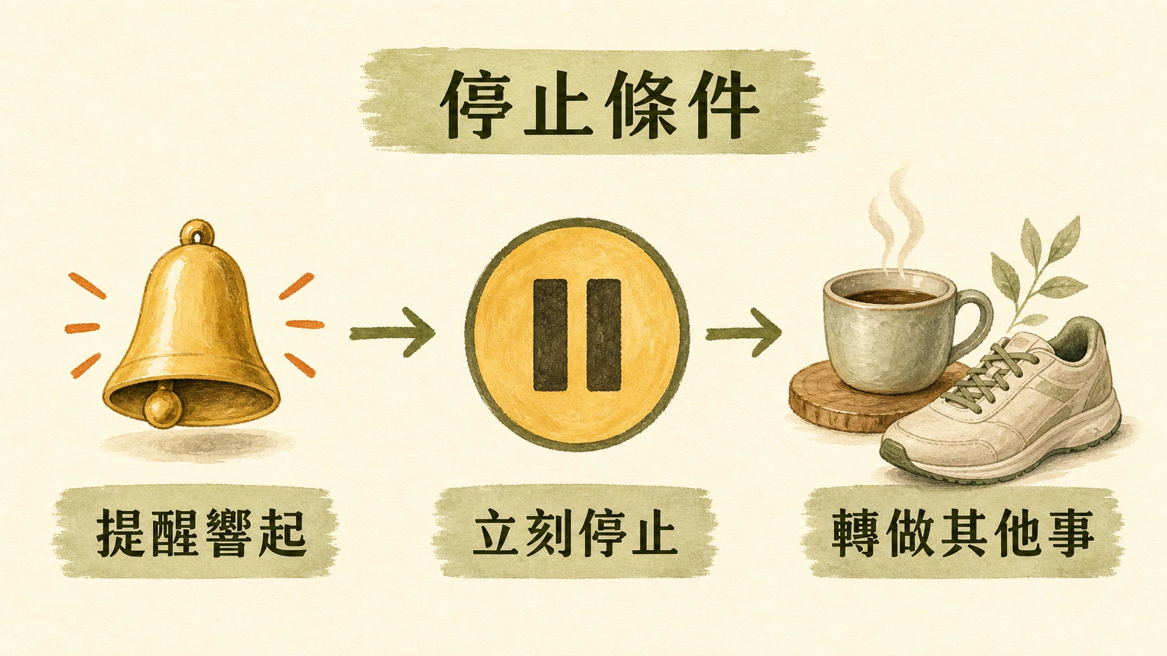 停止條件流程圖：提醒響起、立刻停止、轉做其他事。