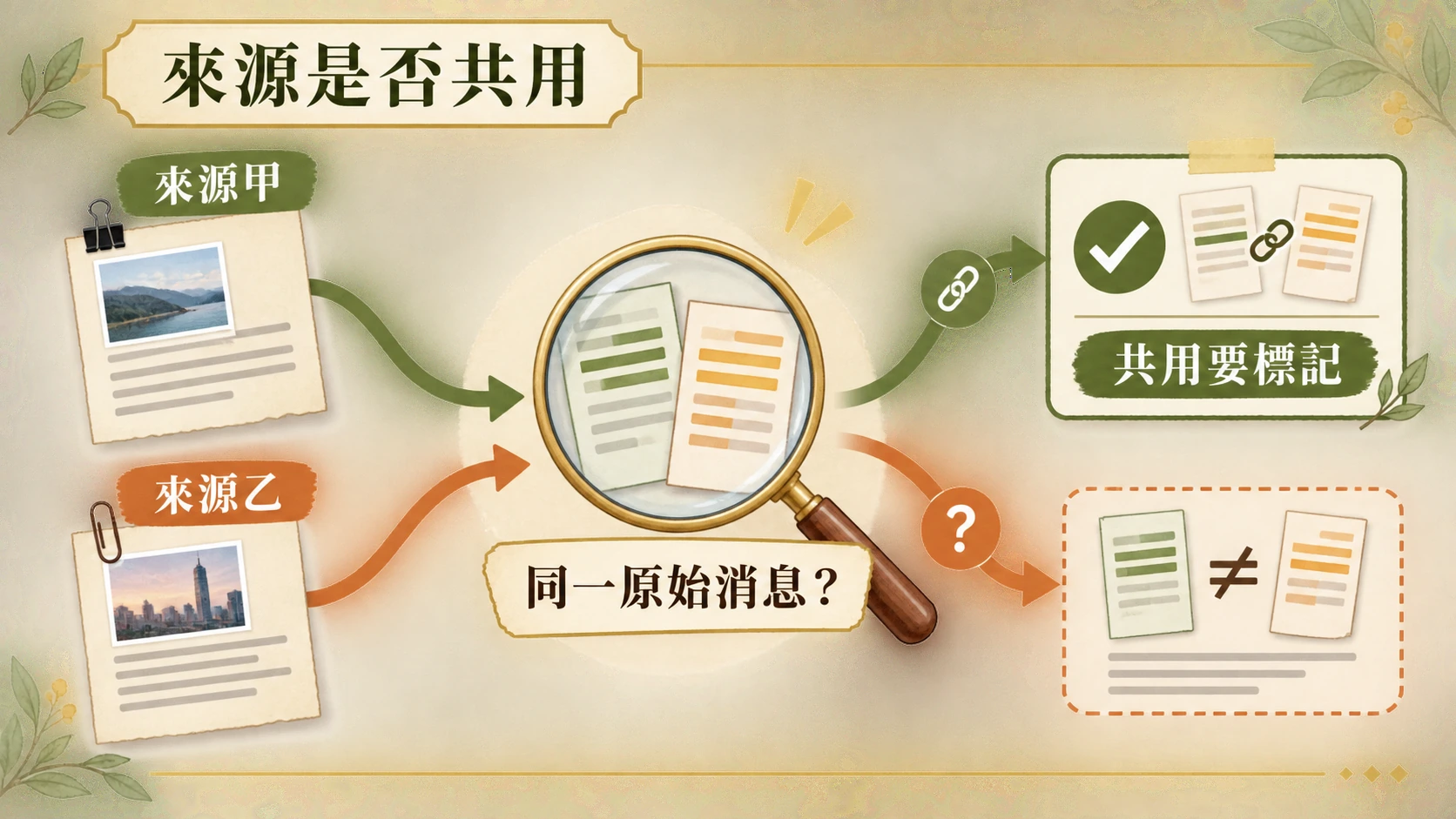 來源甲與來源乙是否共用同一原始消息的核對流程圖