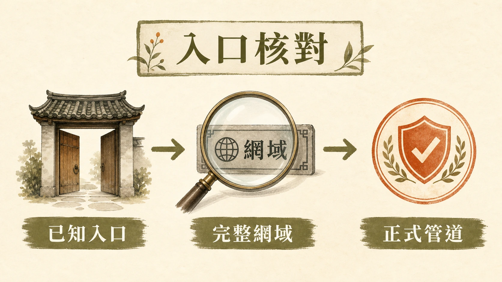 入口核對流程圖：已知入口、完整網域、正式管道。