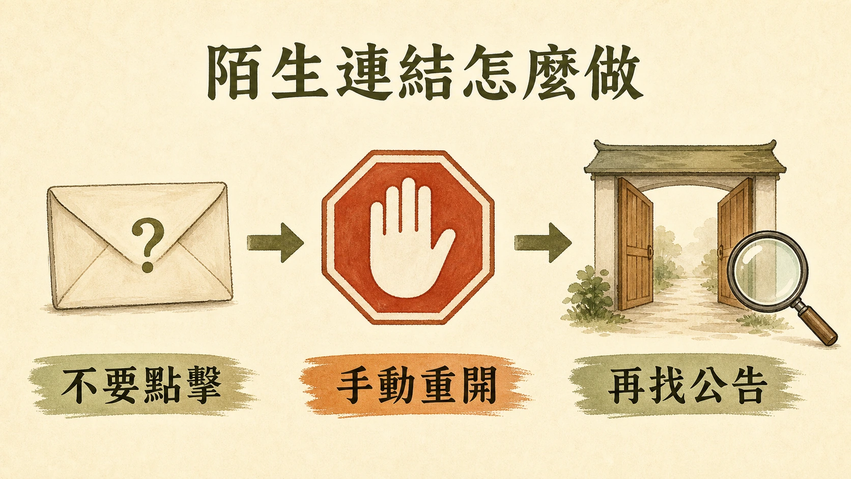 陌生連結處理流程圖：不要點擊、手動重開、再找公告。