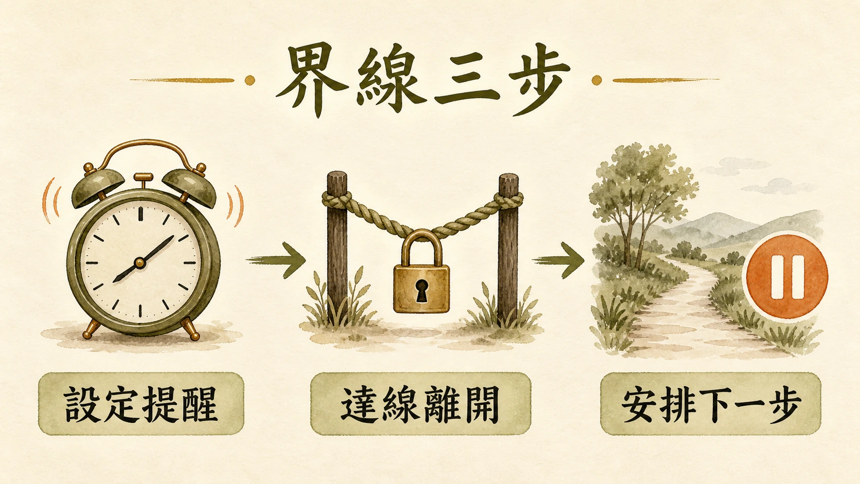 界線三步流程圖：設定提醒、達線離開、安排下一步。