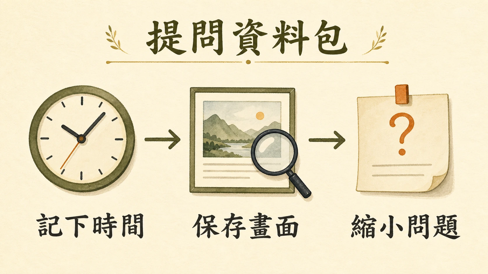 提問資料包流程圖:記下時間、保存畫面、縮小問題。